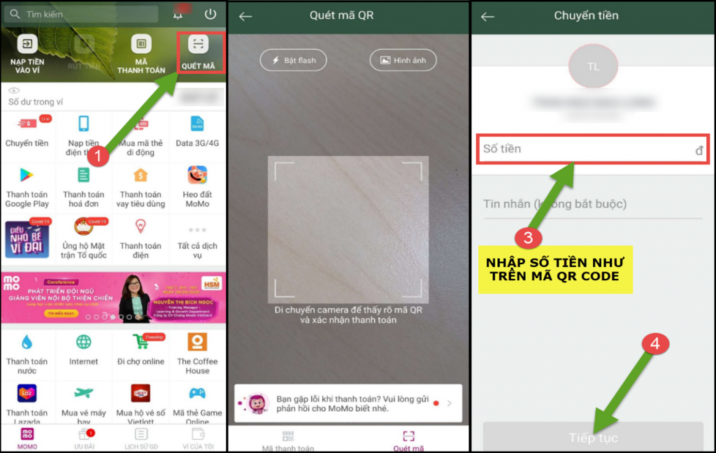 Mở app Momo quét mã để hoàn thành quá trình nạp