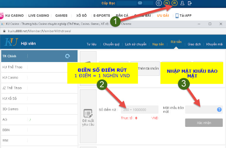 Rút tiền Kubet trên máy tính
